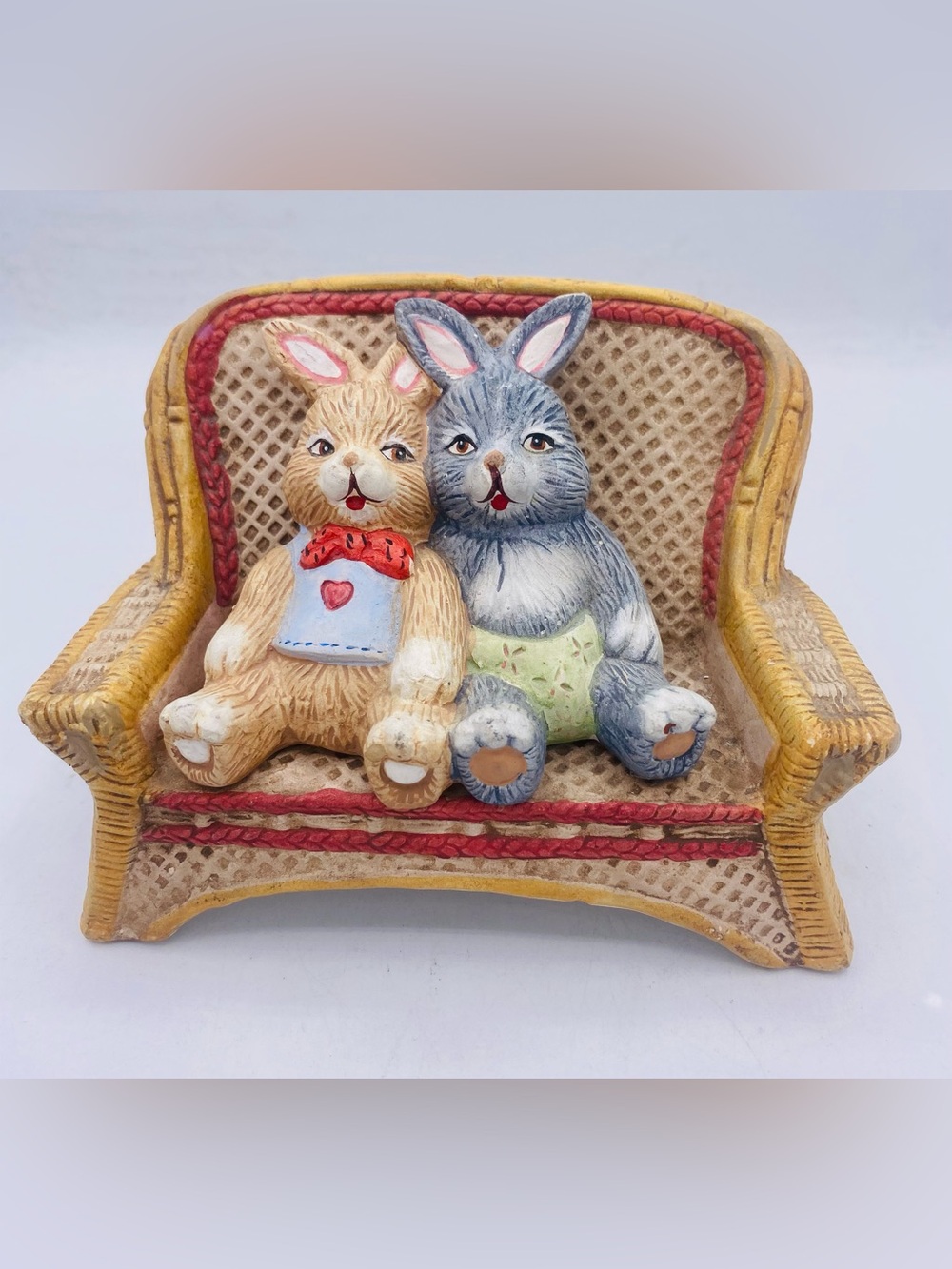 Vintage “Cotton Tail” Bunny Couple Sitting On A Couch Hand Painted Resin Easter